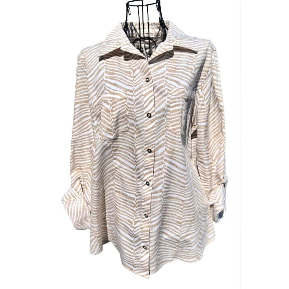 CHICO'S 100% No Iron Cotton Button Down Roll Up Lg Sleeve in Zebra Print SZ MD-8
